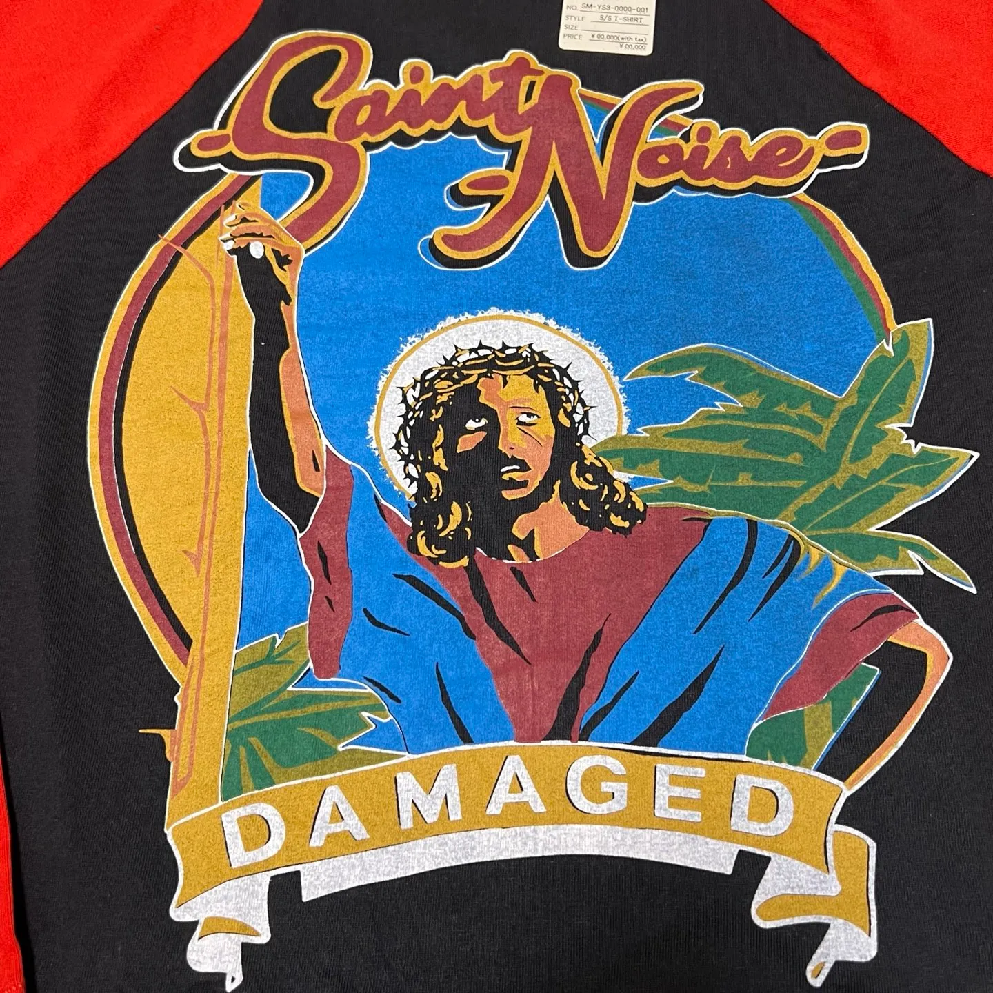 SAINT Mxxxxxx × LASTMAN LM_SS TEE/SNT NOISE/BLK Jesus horn sleeve color block TEE Black and red S-XL LAST MAN co-branded model Customized accessories Completely matched Horn sleeve color block Unlocked design Natural rewinding after washing Unique and handsome Top printing technology Undifferentiated restoration Cylindrical side seam fabric technology Top purchasing level